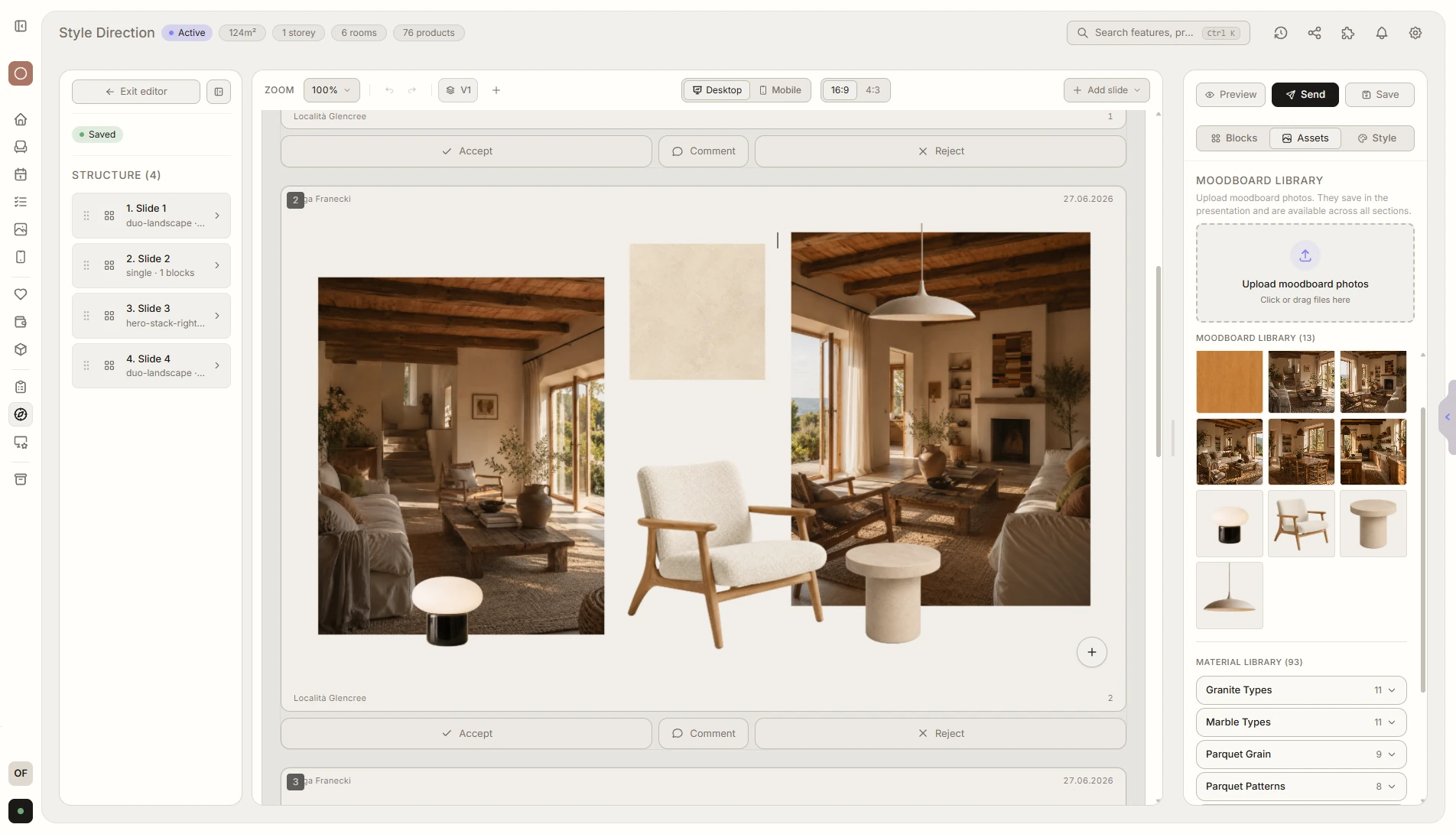 Moodboard projektu Località Glencree w Liru: wnętrza, naturalne materiały i produkty