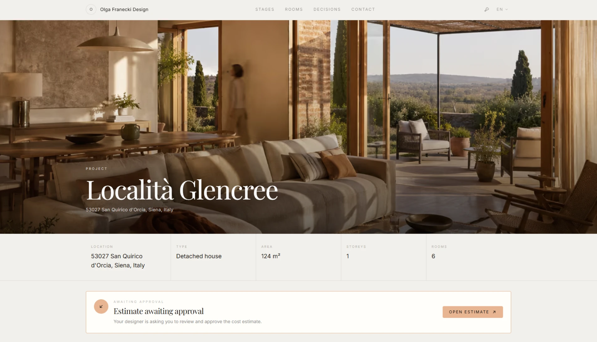 Portal klienta projektu Località Glencree w Liru z kosztorysem oczekującym na akceptację